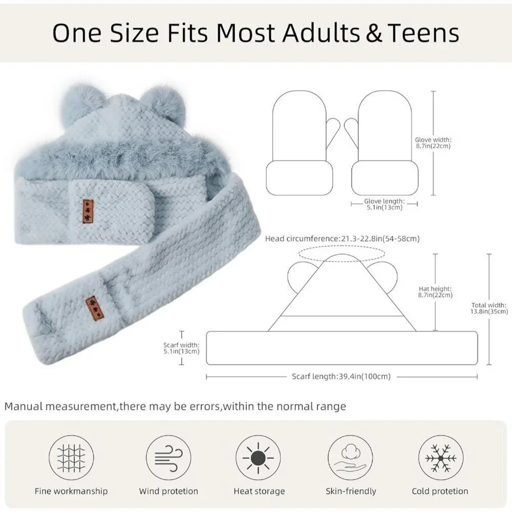 Women's Gray Hooded Scarf Cute Bear Ear Hat Faux Fur Gloves Set Soft